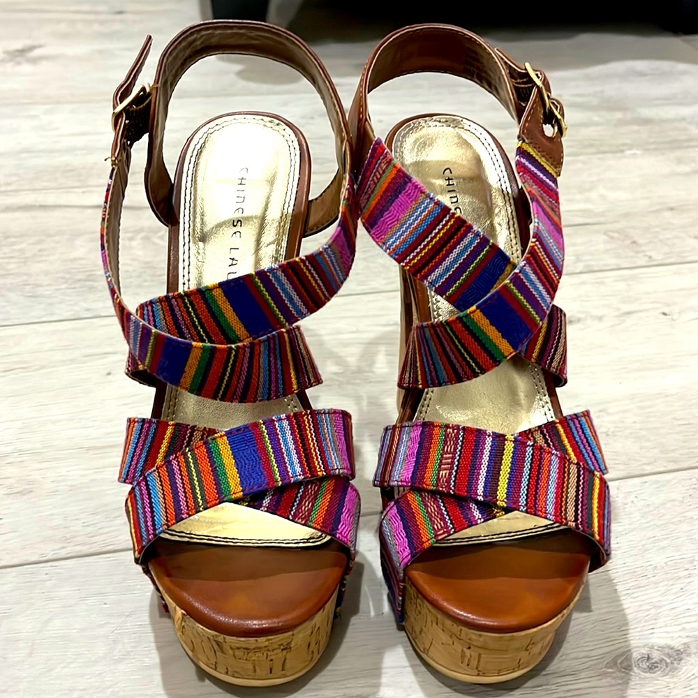 Multi color strappy Chinese laundry heels